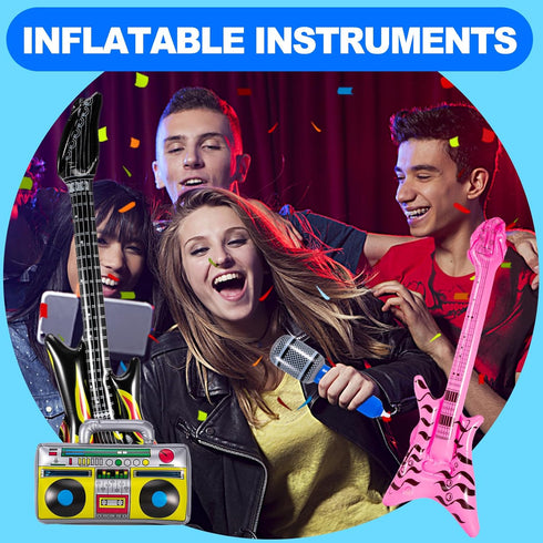12 Pcs Inflatable Instruments, Rock Star Toy Set with Inflatable Guitar, Saxophone, Microphones for 80s 90s Party