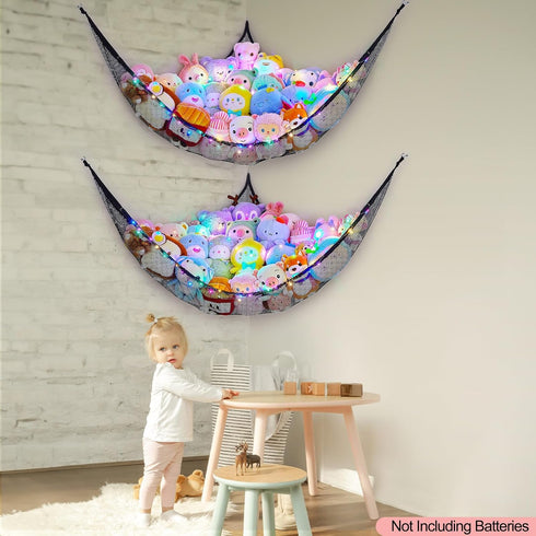 Stuffed Animals Net or Hammock Kids Toy Storage Organizer with LED Light Unicorn Castle Hanging Corner Stuffed Animals Holder Kids Girls Room Decor (Pack of 2)