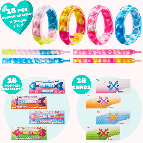 28 Packs JOYIN Valentine's Day Gift Cards with Pop Fidget Bracelet, Pop Bubble Fidget Toy, Bracelet Wristband Stress