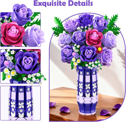 Set 17 CUBIMANA Purple Roses Flowers Building with Vase & LED Light, Mini Flowers Bouquet Building Blocks Toy
