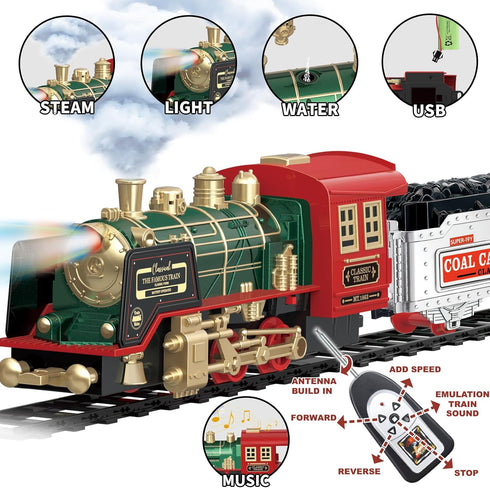 PaLeyFer Set 3 8 Kids Electric Train - Remote Control w/Smoke, Sounds, Lights - Rechargeable for Christmas Tree - Train