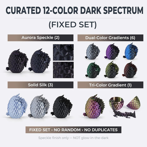 MiniMythos Toys 12 Pack 3D 12-Color Set 8+ Printed Dragon Eggs with Dragons Inside, Articulated Crystal Dragons, Dark