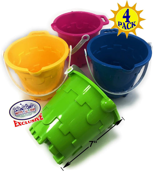 7" Set 4 Pack Matty's Toy Stop Beach Gear Plastic Castle Mold Sand Buckets (Pails) with Easy Pour Spout and Handle