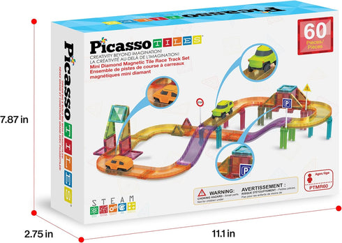 60pc Set 3 PTMR60 PicassoTiles Magnetic Tile Race Car Track STEM Construction Road Kit Building Blocks for Kids
