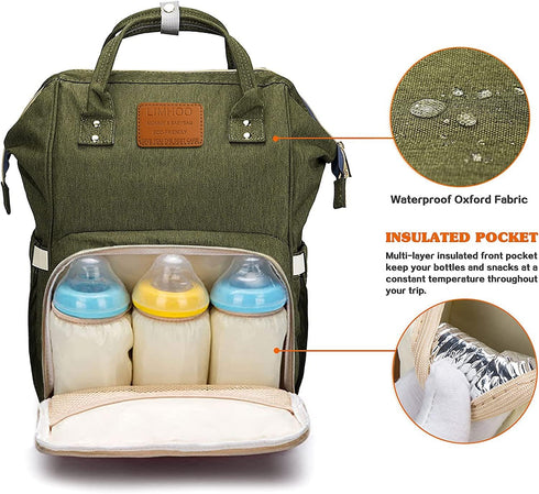 LIMHOO Backpack Diaper Bag for Men Dad, Waterproof Large Canvas Camo Nappy Bags, Baby Care Bag (Army Green)