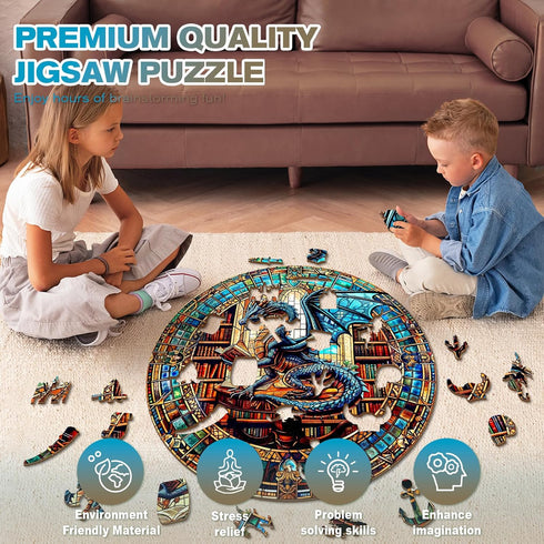 13.4 13.4in 300pcs Wooden Puzzles for Adults - The Dragon's Library Wooden Jigsaw Puzzle, Unique Animal Shaped Wood