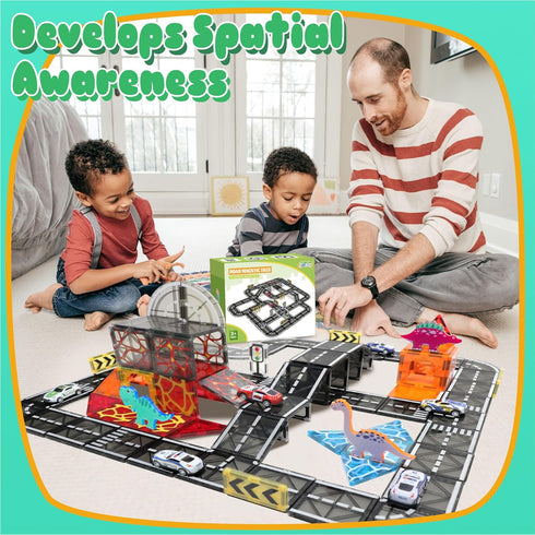 Set Pullback 4-8, Magnetic Tiles Road with Car, Magnetic Blocks for Kids Ages Magnet Tiles for Preschool STEM Building