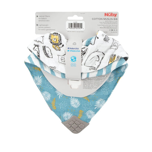Nuby 100% Natural Cotton Muslin Bib, 2-Pack, Bib with Teething Corner, 3+ Months, Zoo