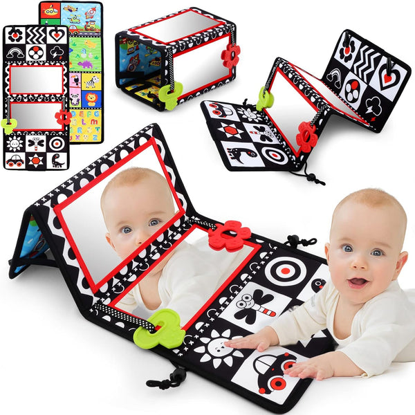 Tummy Time Floor Mirror with Teethers, Double-Sided High Contrast Baby Toys for Crawling Developmental Newborns