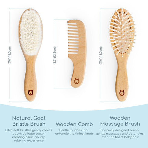 Set Wooden Hair Brush - Premium Baby Comb and Brush - Soft Natural Bristles - Organic Products - Perfect Registry Gift