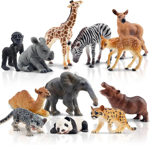 Toymany 12PCS Baby Figurines Forest Animals, Realistic Woodland Figures Toys Includes Elephant, Giraffe, Mountain Lion,