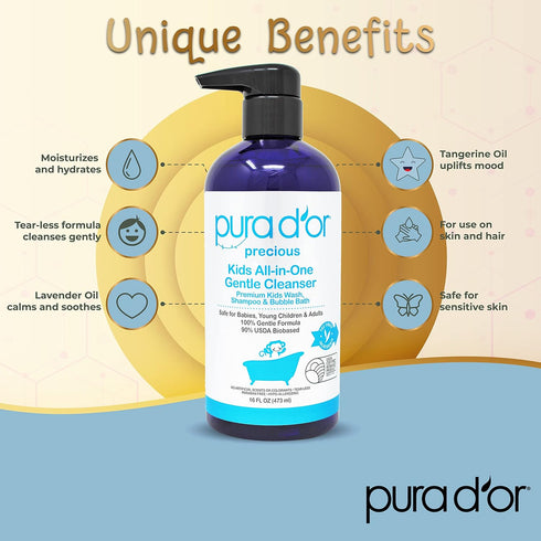 PURA D'OR Kids Wash, 16 Oz, All-in-One Gentle Cleanser, USDA Biobased, Tear-Less