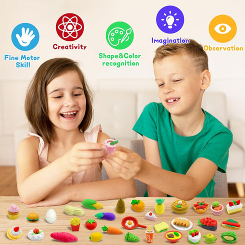 LanMa 70PCS Cute Food Erasers Set for Kids, Fruit Desserts Cake Puzzle, Classroom Prizes Party Gifts