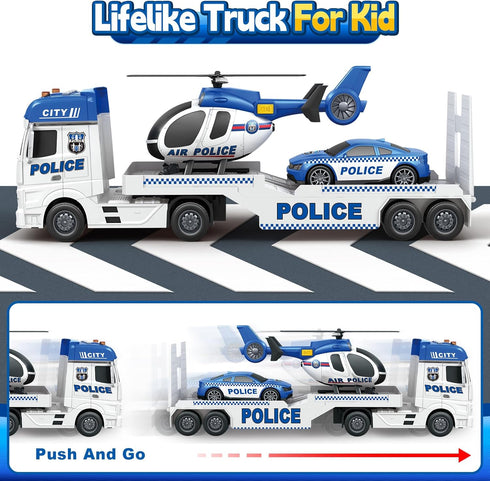 3 4 5 6 7 8 25" Kids Toys for Years Old Boys, Police Truck Toy with Racing Car and Helicopter, Toddler Friction Powered