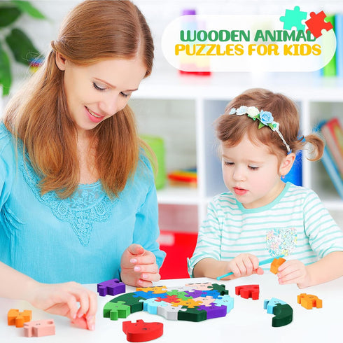 4 Pcs Alphabet Jigsaw Puzzle Building Blocks - Wooden Animal Puzzle for Preschool Learning