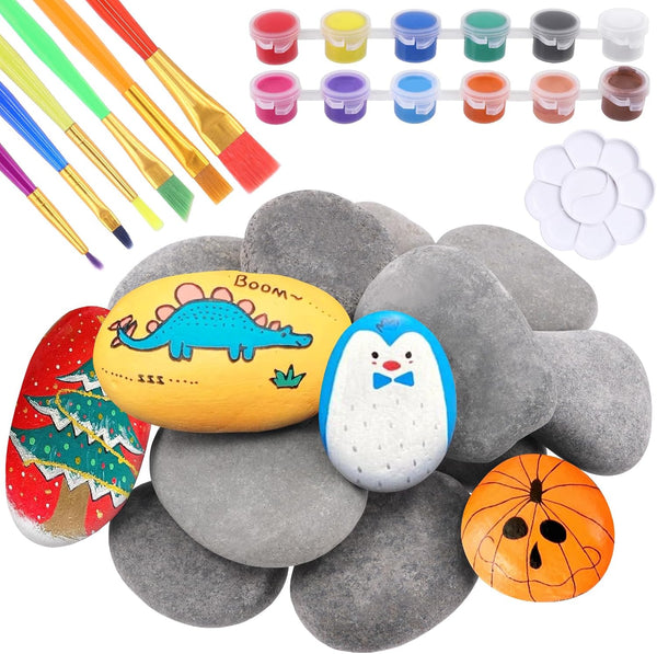 Glarks 34Pcs Rock Painting Kit, Including 15Pcs 2"-3" Flat Painting Stones River Rocks,