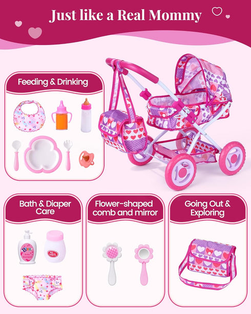 Set 1012 Inch 10-Piece 18-Inch BABESIDE Baby Doll Stroller for Dolls Only, Doll Stroller with Feeding & Care