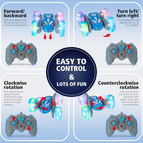 6-12 4WD 360 Amicool Remote Control Car for Boys with Flashing Lights Double-Sided Flip Stunt RC Car | Birthday Indoor