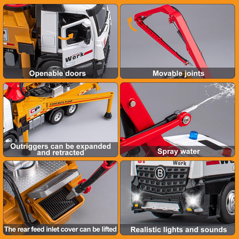 Concrete Pump Truck Toy, Diecast Construction Trucks with Working Water Pump, Lights and Sounds for Kids