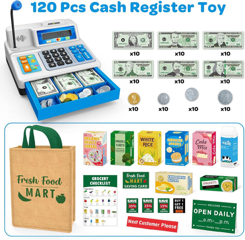 120 Playset Cash Register Toy for Kids, Pcs Grocery Store with Credit Card, Grocery Boxes, Microphone, Calculator Cash