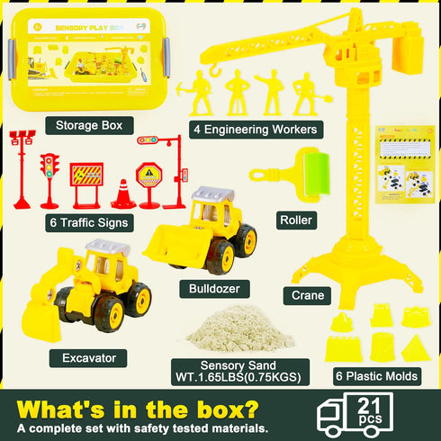 Construction Sensory Bin, Tractor Sand Playset Construction Sandbox with Toy Truck Play Sand and Signs, Sand Art Kit for Kids Ages 3 and up