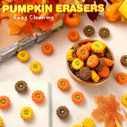 Chuangdi 150 Pcs Mini Pumpkin Erasers Bulk, 3D Rubber Novelty Party Pencil, Halloween Autumn Thanksgiving Party Favor