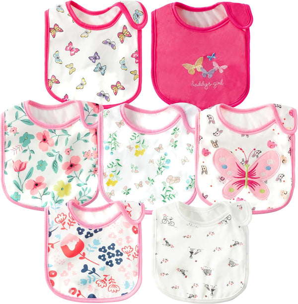 7Pcs Cotton Waterproof Baby Bibs - Hook Loop Closure, Keepsake Gift for Newborns, Drooling, Feeding, Eating