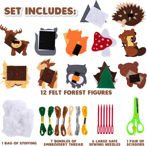 Set 12 4-12 Kids Woodland Animal Felt Sewing Kit, Educational Kids/Girls Crafts, Stuffed Animal Craft with Characters