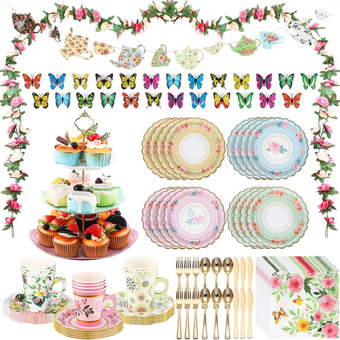 121 Pcs Floral Tea Party Dinnerware Set Include 9 oz Paper Cups