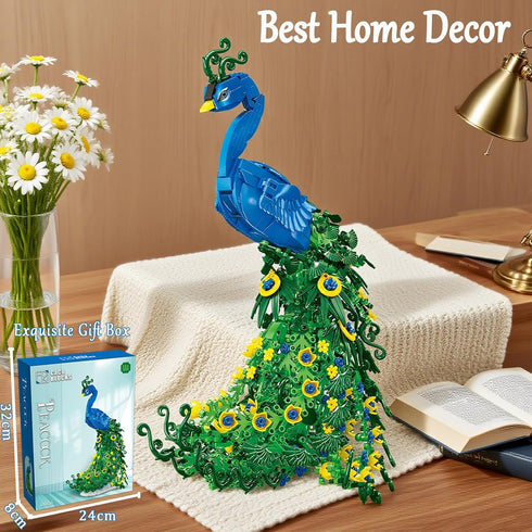 USVillGO Set, Teen(807PCS) Flowers Peacock Building Block Fly Animal Art Bird Peacock on Botanicals Green Vivid Feather