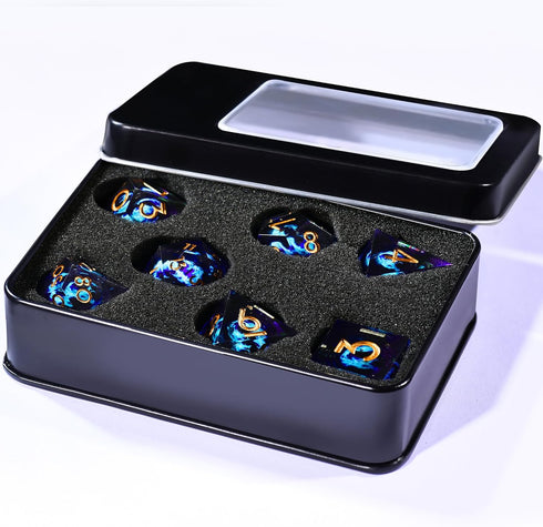 AUSTOR 7 Pieces Blue Flame Dragon Resin Dice Set - DND Dice for Role Playing Dungeons and Dragons with Case