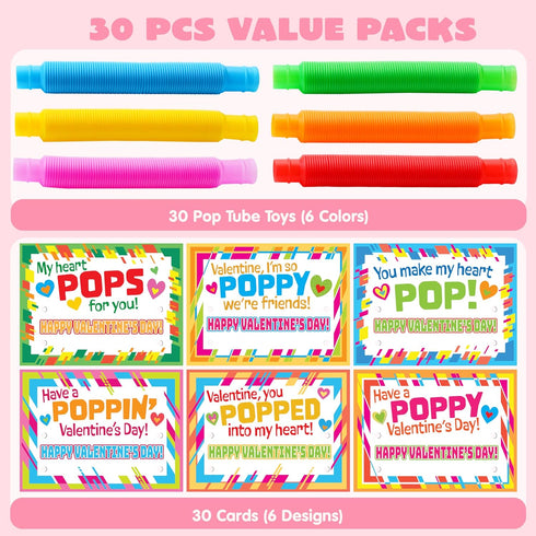 30 Packs JOYIN Valentines Day Pop Tubes Fidget Toys for Kids, Stretchy Tube Stress Relief Fidget Toy for Kids