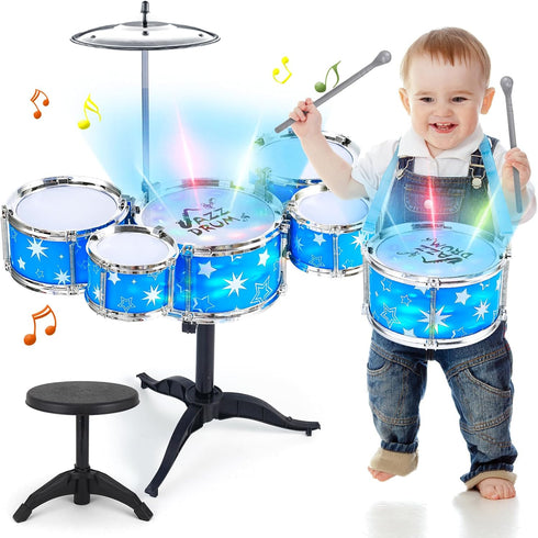 Kids Drum Set for Toddlers - Musical Gifts Toys with Light, Drum Kit for Beginner Music Practice, Christmas Birthday