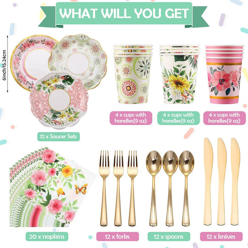 121 Set 9 oz 3 Pcs Floral Tea Party Dinnerware Include Paper Cups and Saucers, Napkins, Tier Cake Stand, Serving
