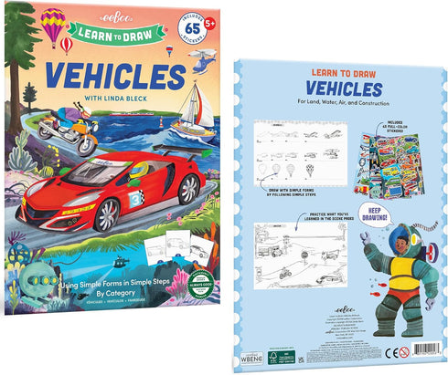 65 5+ eeBoo Learn to Draw Vehicles - Step-by-Step Drawing Activity Book with Stickers, Land Water Air Construction