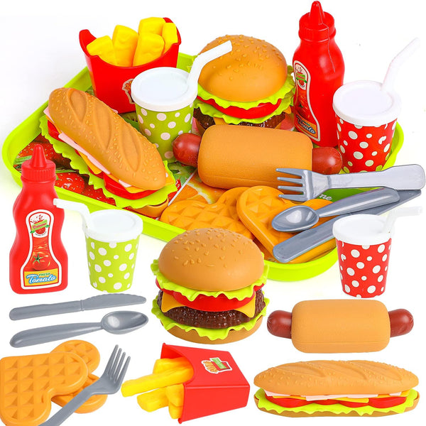 Pretend Play Food Set, Hamburger Fries Pizza Popcorn Toys, Role Play Educational Gift for Kids Boys Girls