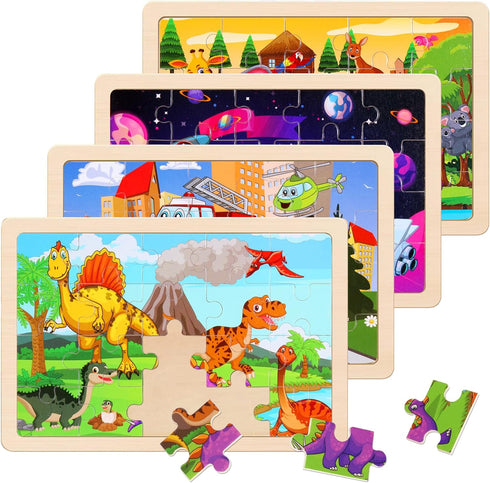 Wooden Puzzles Toys for Kids Ages 3-5 - Set of 4 Packs Dinosaur, Space, Transportation Wood Toddler Puzzles
