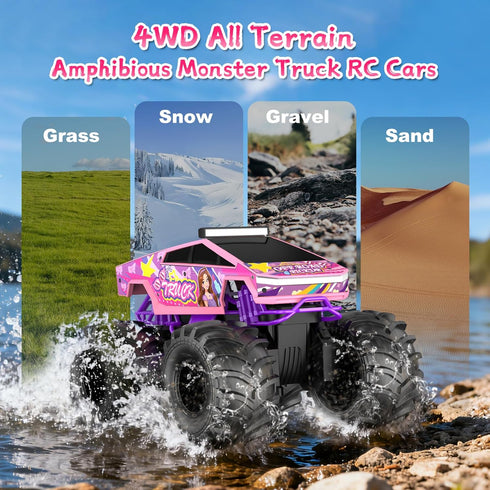 1:18 2.4 4WD 6+ Amphibious Remote Control Car, Pink Monster Truck Toys for Girls RC Cars, GHz Waterproof RC Trucks, All