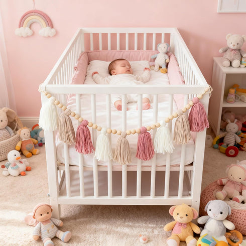 Charming Pink Bohemian Yarn Tassel Garland with Wooden Beads for Nursery and Baby Shower Decor