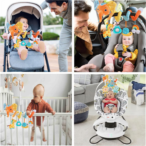 Car Seat Hanging Toys - Baby Spiral Activity Plush Stroller Toys with Music Box, Rattles for Infants 0-12 Months.