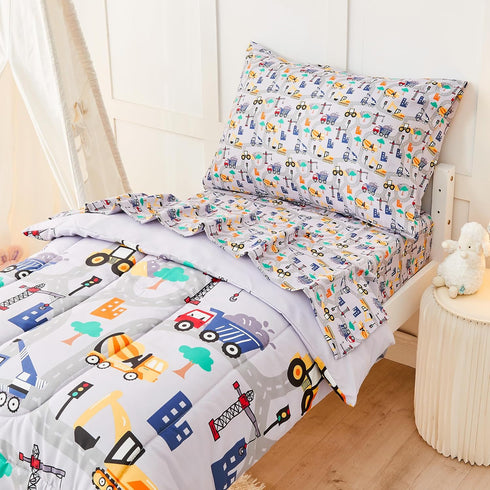 lasoftan Set 4 Sets, Set Construction Toddler Bedding for Boys, Piece Bed-in-a-Bag Toddler Comforter Excavator, Cars