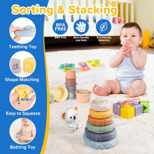 6-in-1 6 12 6-12-18 1-3 Baby Toys to Months, Montessori Toys for Babies Months, Infant Teething Toy Stacking Blocks