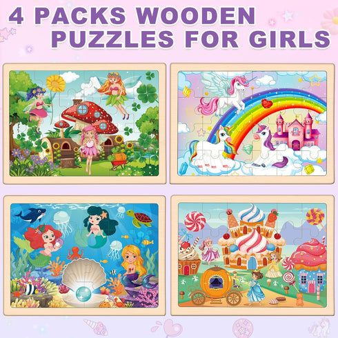 3 4 5 4 Pack 24 Wooden Princess Puzzles for Kids Age Year Old, Pcs Montessori Toddler Jigsaw Puzzles for Girl boy