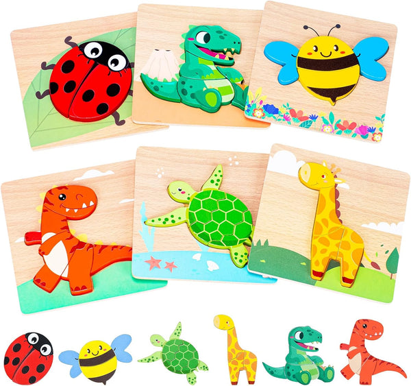 Wooden Puzzles for Toddlers 1-3, Montessori Animal Shape Learning Toys for 1 Year Old Birthday Gift