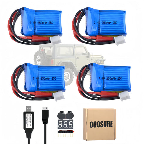 25C 250mAh 7.4V Lithium Battery for Orlandoo Hunter 1:35 RC Truck Jeep Toy with JST Plug & 2S USB Charging Cable