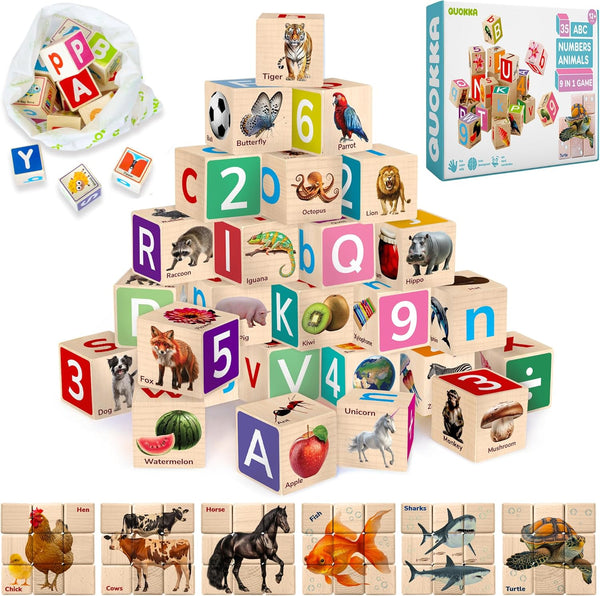 Quokka Montessori Wooden Blocks, 35 Realistic ABC Learning Baby Blocks for Toddlers 1-3, Stacking Alphabet Wood Toys