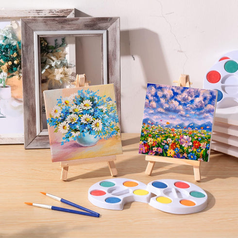 Set 4x4" Birthday(24 Set) Crtiin Mini Watercolor Paint Gifts Small Painting Kits Canvas with Easel Paints Brush Art