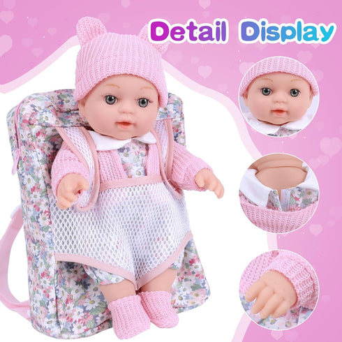 BDDOLL 12 Inch Backpack Playset Backpack, Baby Doll with Dolls Clothes and Accessories Included Washcloth, Bottles