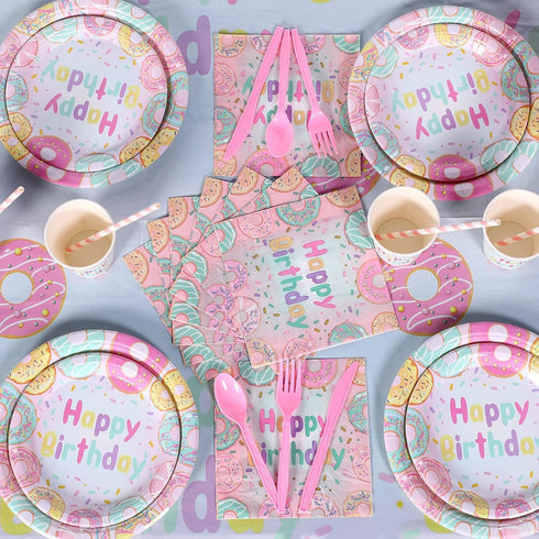 194 24 Pcs Donut Ice Cream Birthday Party Decorations Supplies Guest Disposable Dinnerware with Tablecloth Paper Plates