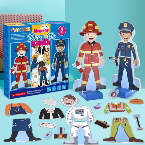 Atoylink Wooden Magnetic Dress Up Dolls Pretend Play Set, 40+ Pcs Occupations Community Helpers for Toddlers